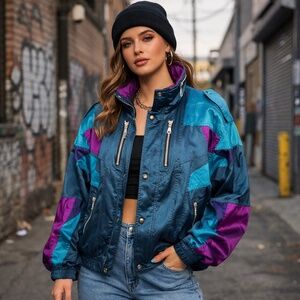 Vintage 80s 90s Teal Purple Ski Jacket  Retro Colorblock Windbreaker